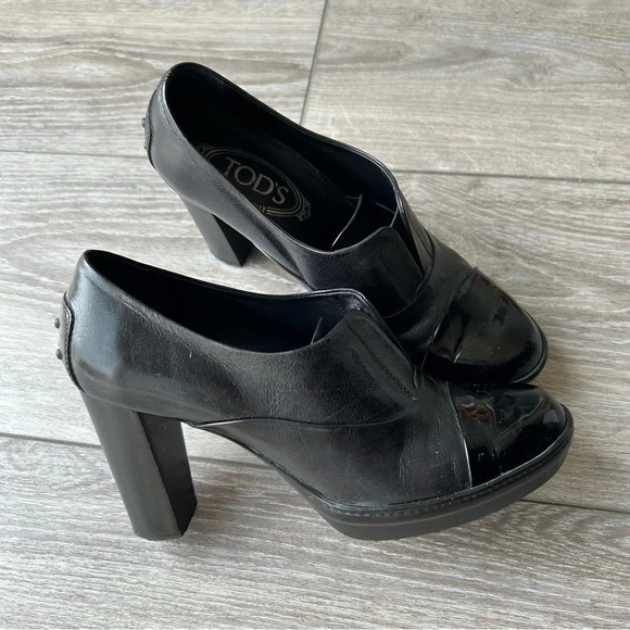 Tod’s Patent Smooth Mixed Leather Studded Block Heel Ankle Boots Made in Italy - Picture 2 of 13